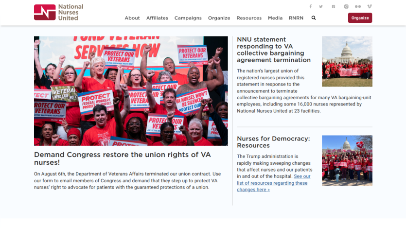 National Nurses United homepage featuring a rally for VA nurses with prominent text advocating for union rights.