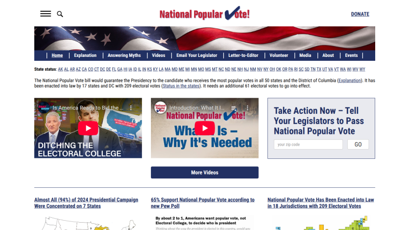 National Popular Vote website with navigation, explanation text, videos on electoral college, and call to action to tell legislators to pass the vote