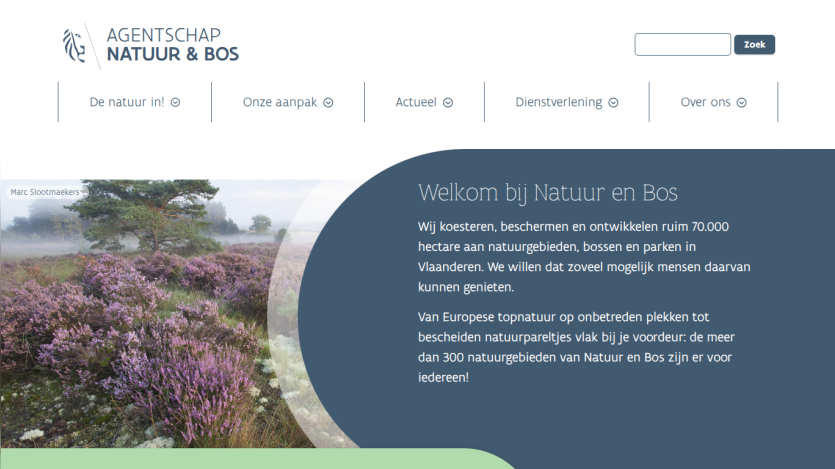 Welcome message from Natuur en Bos about protecting and developing over 70,000 hectares of nature areas in Flanders