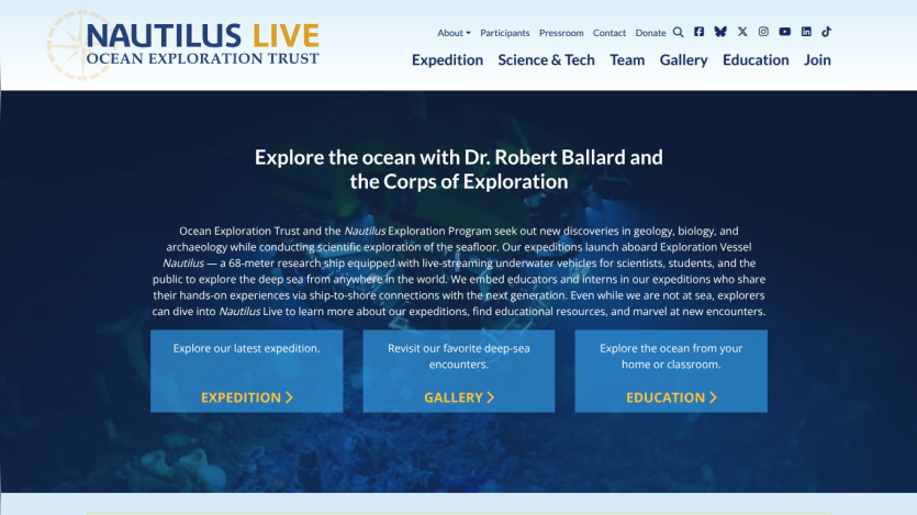 Nautilus Live ocean exploration site with header, navigation, and hero section inviting to explore Dr. Robert Ballard's ocean research