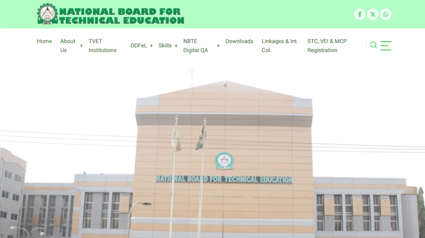 National Board for Technical Education website with navigation menu and main building image