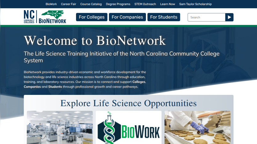 NC Community Colleges BioNetwork homepage with life science training info and options for colleges, companies, and students