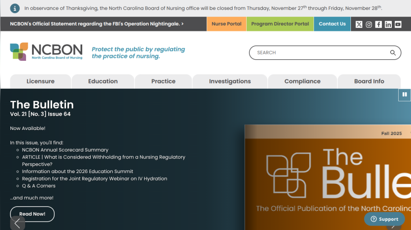 North Carolina Board of Nursing homepage with bulletin issue highlights and navigation menu