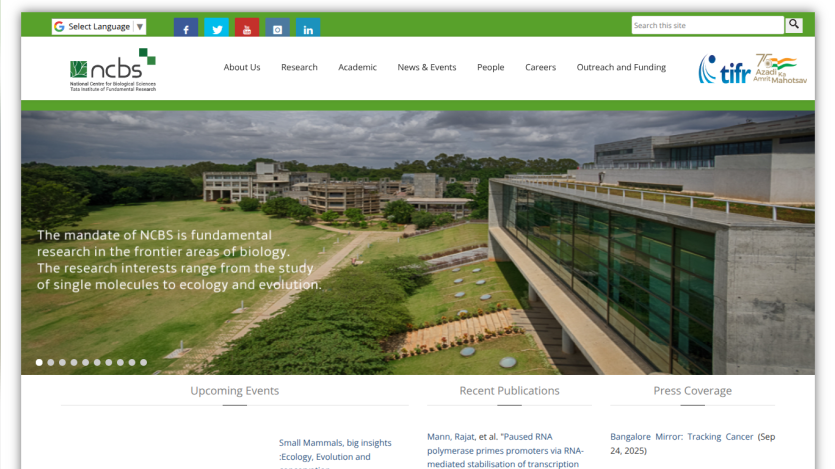 NCBS homepage with navigation menu, hero image of campus, and text about fundamental biology research mandate