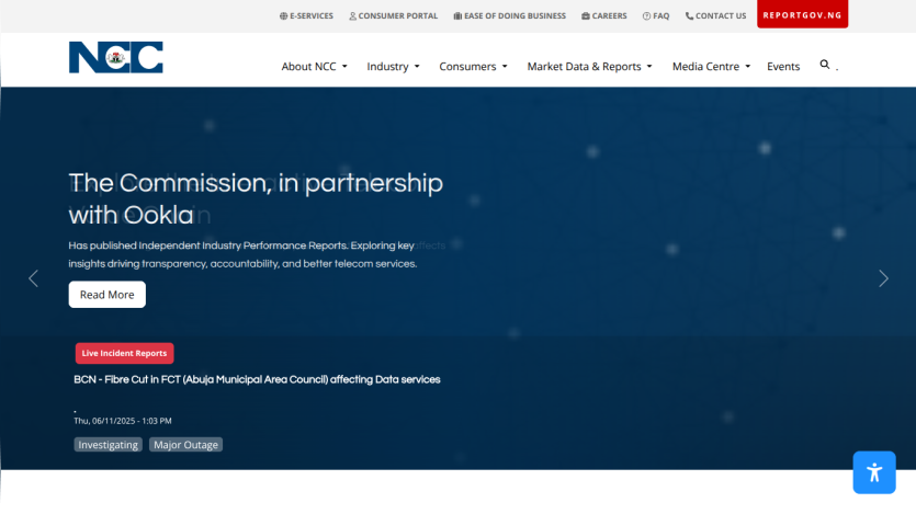 NCC website homepage showing partnership with Ookla and a call to action to read more about the partnership