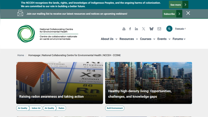 Homepage of National Collaborating Centre for Environmental Health with articles on radon awareness and healthy high-density living