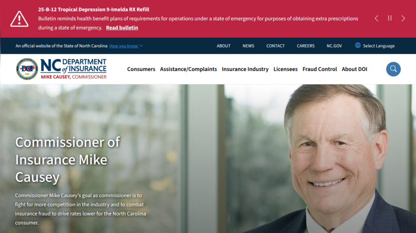 NC Department of Insurance homepage featuring Commissioner Mike Causey and navigation links for consumers, assistance, insurance industry, and more.