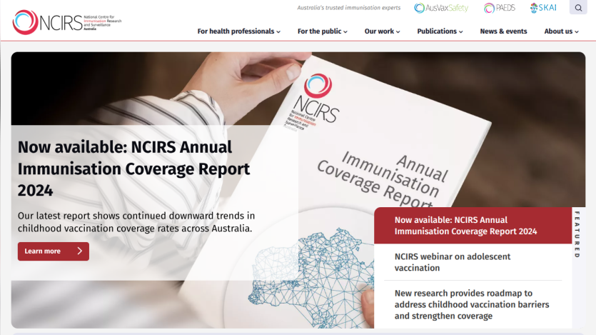NCIRS homepage featuring the Annual Immunisation Coverage Report 2024 with navigation menu and key announcements
