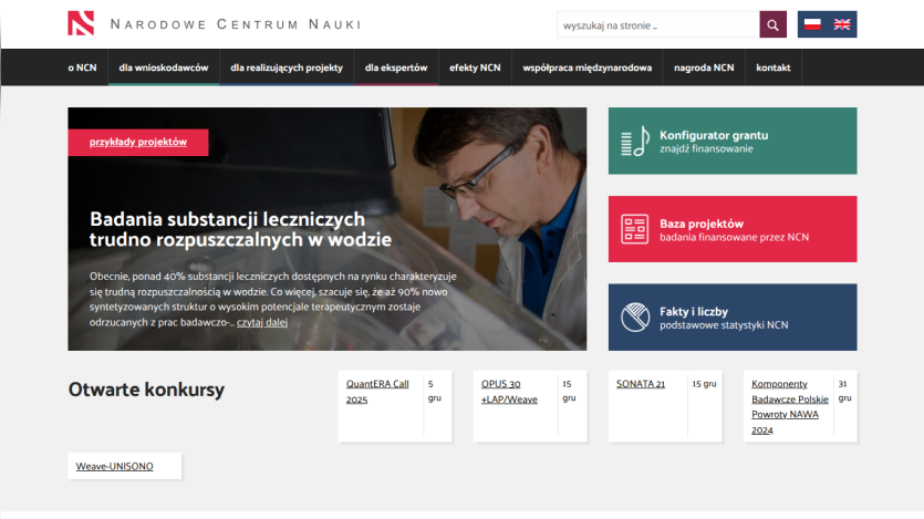 Narodowe Centrum Nauki homepage with research project example on poorly water-soluble medicinal substances and open competitions listed