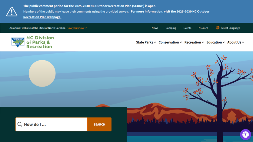 Homepage of HC Division of Parks & Recreation with search bar and navigation links.