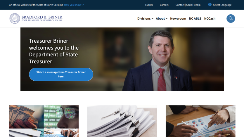State Treasurer Bradford B. Briner welcomes visitors to the Department of State Treasurer with a message button
