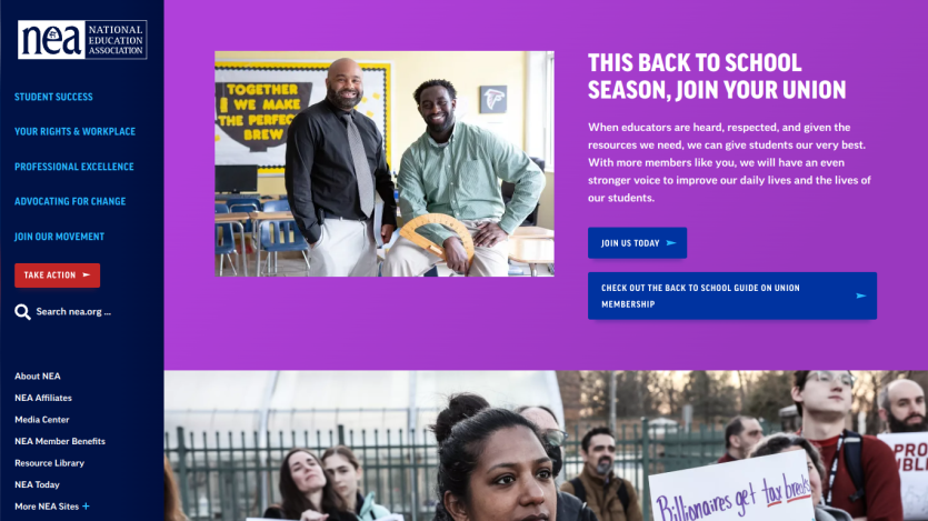 Back to school campaign promoting union membership with images of educators and a call to action.