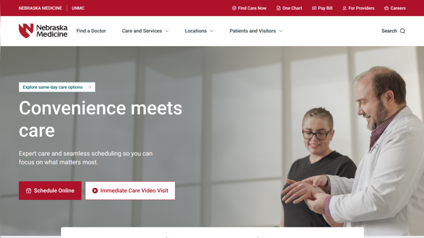 Homepage of Nebraska Medicine featuring a doctor and patient with a call to action for scheduling online.