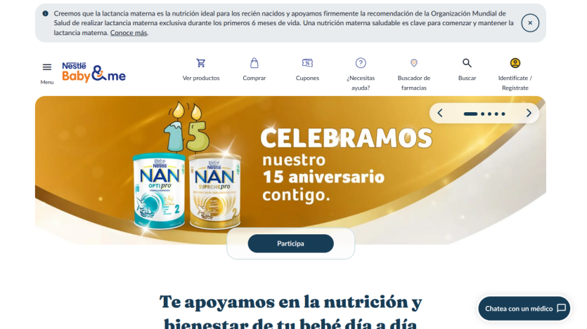 Nestlé Baby & me website celebrating 15th anniversary with product images and navigation menu in Spanish.
