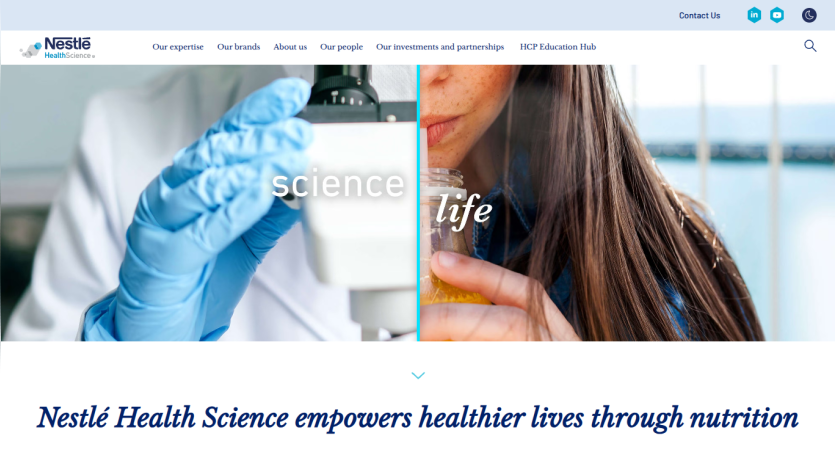 Nestlé Health Science website header with navigation and hero image split between scientist and woman drinking juice, tagline about empowering healthier lives through nutrition