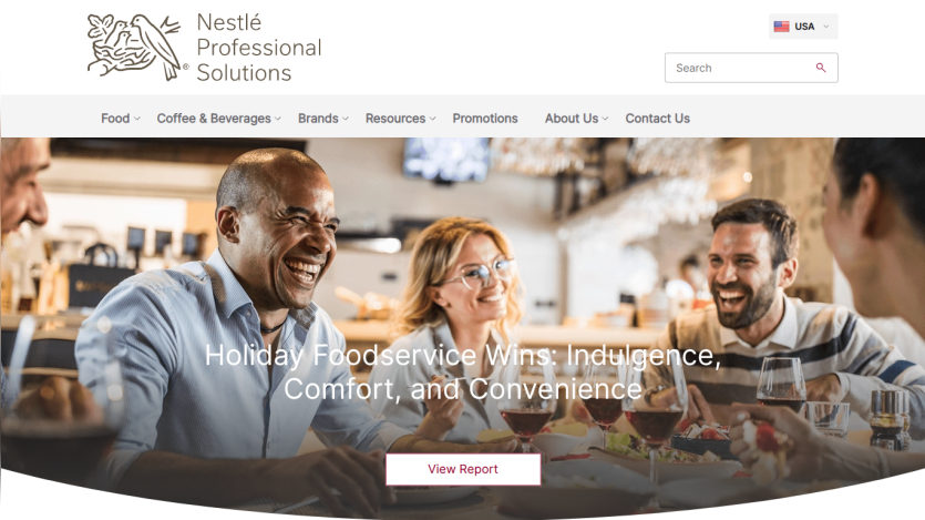 Nestlé Professional Solutions homepage with navigation and hero section promoting holiday foodservice benefits