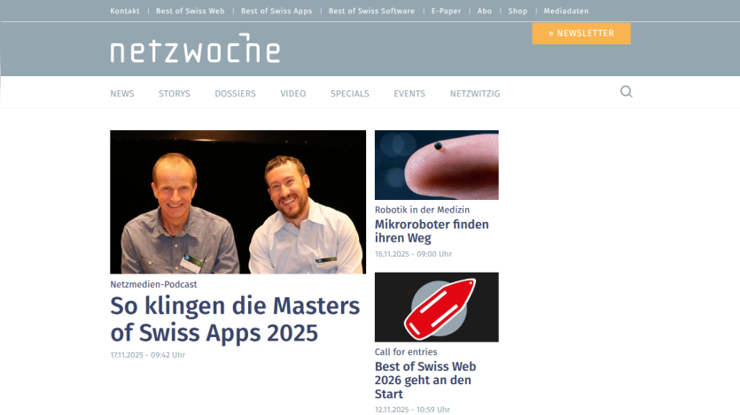 News website NetzWoche with articles on Swiss Apps 2025, medical microrobots, and Best of Swiss Web 2026 call