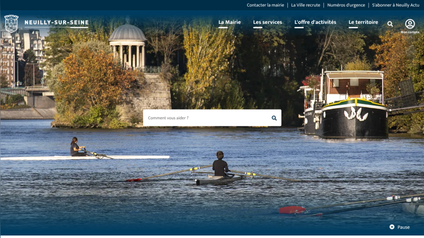 Neuilly-sur-Seine city website with river scene, rowing boats, and navigation menu including La Mairie and services