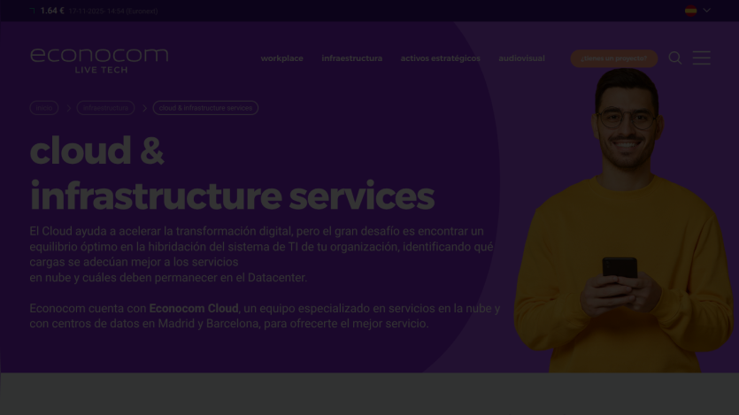 Cloud & infrastructure services page describing digital transformation and hybrid IT system balance with Econocom Cloud team support