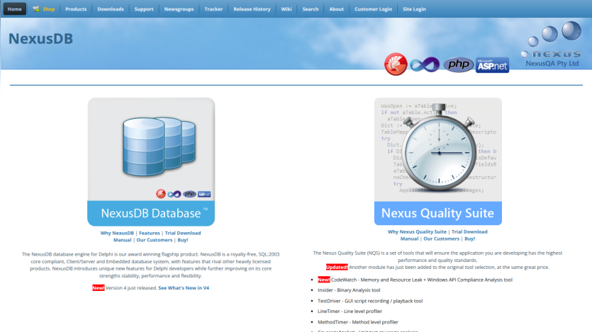 NexusDB homepage showing database and quality suite products with descriptions and navigation menu