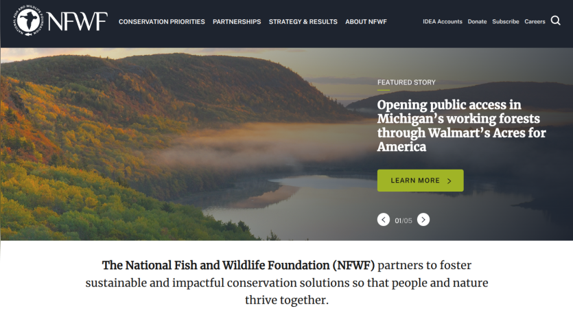 NFWF website showcasing a scenic view with a call to action about forest access.