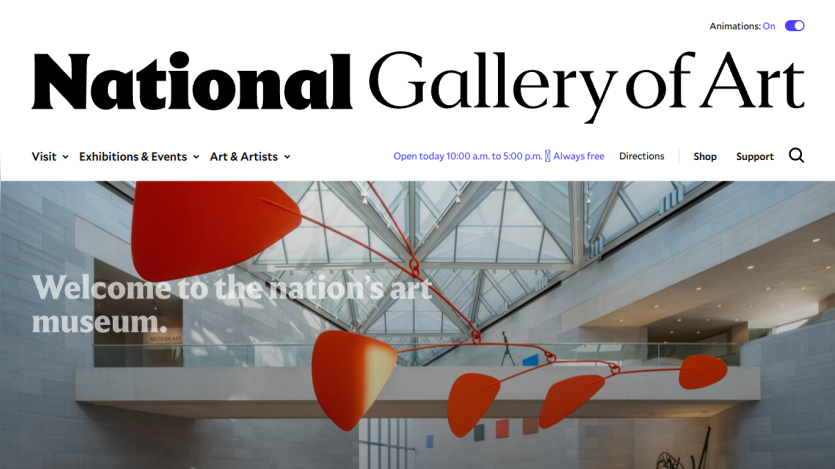Homepage of the National Gallery of Art with a welcome message and art installation.