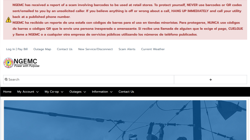 NGEMC utility website with scam alert banner, navigation menu, search bar, and hero image of utility worker on power lines