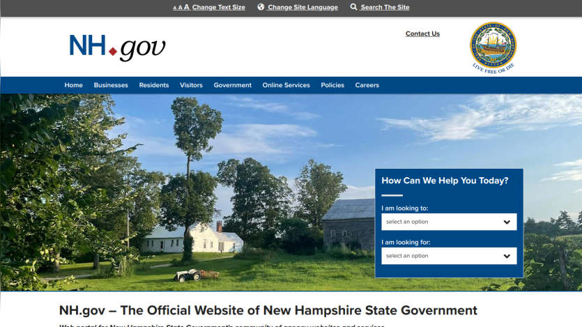 Official New Hampshire government website with navigation and assistance options.