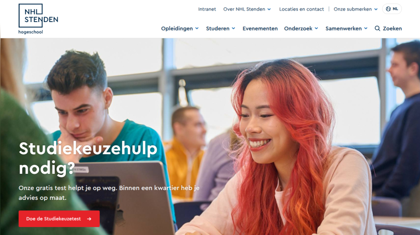 Homepage of a study assistance website featuring a young woman with red hair and a call to action for study help.