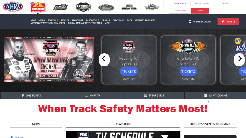 NASCAR event promotion with ticket options and safety message prominently displayed.