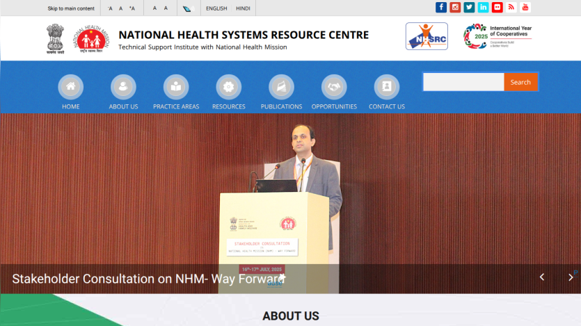 National Health Systems Resource Centre homepage with navigation menu and hero banner about NHM stakeholder consultation