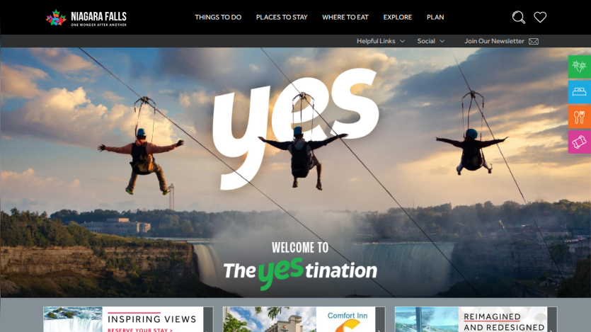 Welcome to Niagara Falls, featuring the word 'yes' and images of people ziplining.