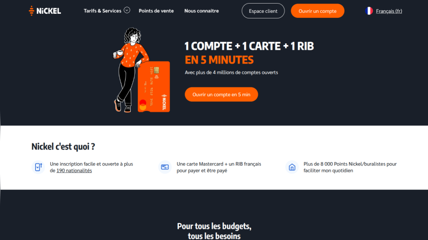 Homepage offering a bank account, card, and RIB in 5 minutes with a call to action.