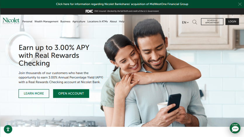 Nicolet National Bank homepage promoting 3.00% APY with Real Rewards Checking, with navigation and call-to-action buttons
