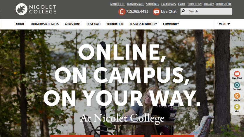 Nicolet College homepage with navigation and slogan 'Online, On Campus, On Your Way' over outdoor background