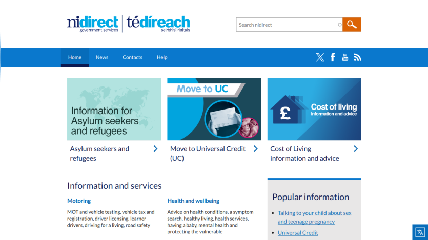 Homepage of NI Direct with information on asylum seekers and Universal Credit.