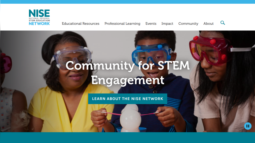 NISE Network homepage promoting community for STEM engagement with a call to learn about the network