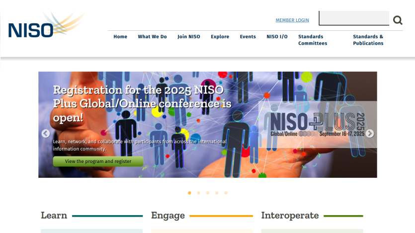 NISO website promoting 2023 conference registration with navigation options.