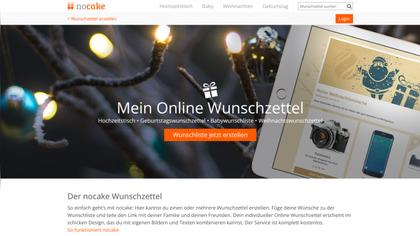 Online wishlist service for weddings, birthdays, baby, and Christmas with call-to-action to create a wishlist