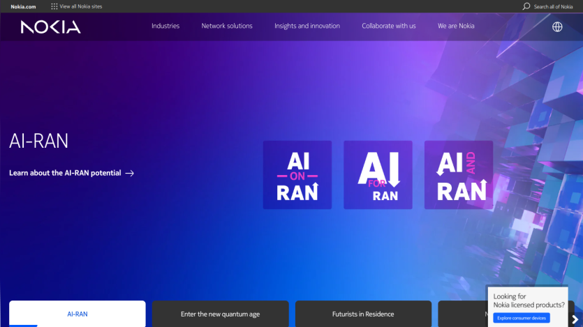 Nokia's AI-RAN section highlighting AI potential with three logos and a call to action.