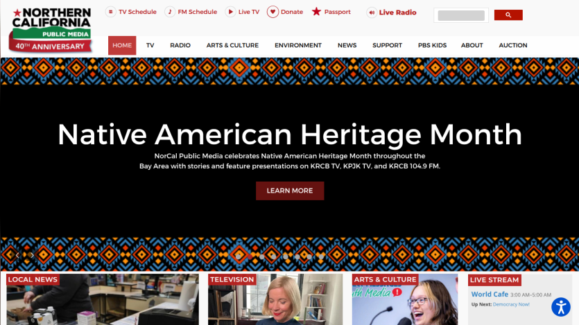 Northern California Public Media homepage highlighting Native American Heritage Month with navigation and news sections