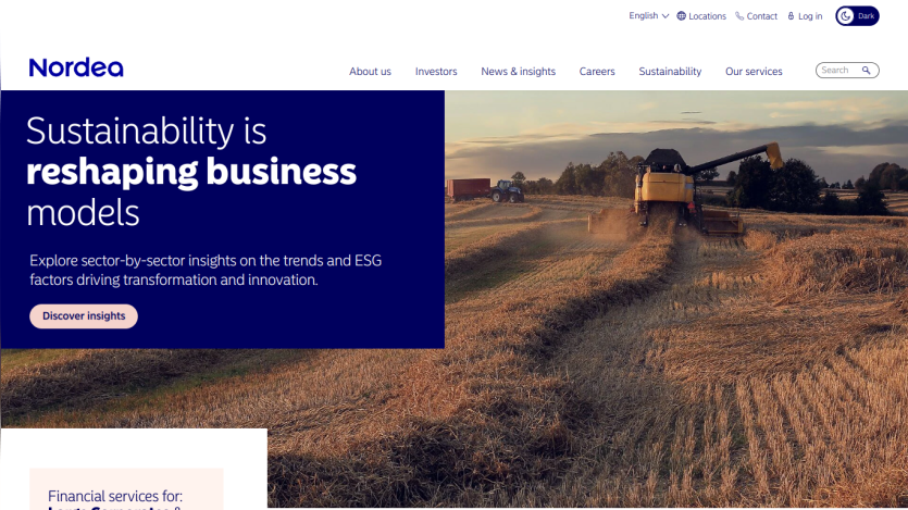Nordea's website highlights sustainability reshaping business models with a call to action for insights.