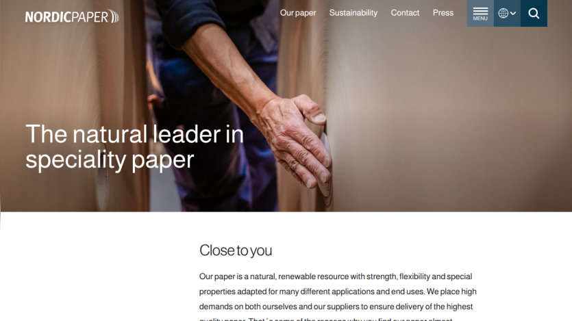 Nordic Paper homepage with headline 'The natural leader in speciality paper' and navigation links