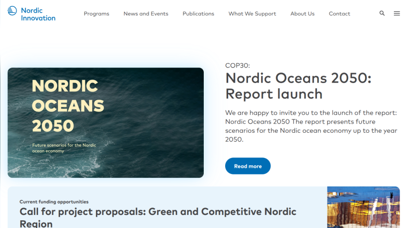 Nordic Innovation website featuring Nordic Oceans 2050 report launch and call for project proposals in the Nordic region