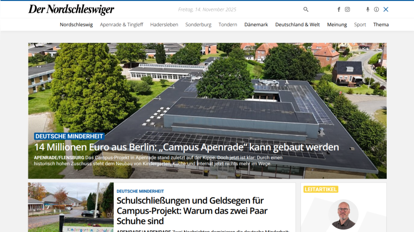 News website homepage with headline about Berlin's Campus Apenrade funding and article on school closures and money issues