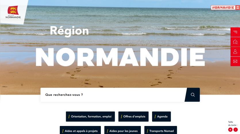Homepage of Région Normandie featuring a beach background and search bar.