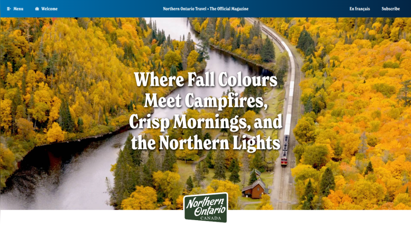 Northern Ontario travel website hero with autumn forest, road, and headline about fall colors and campfires