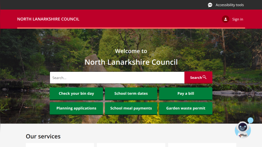North Lanarkshire Council homepage with search bar and quick links for bin day, school dates, bills, planning, meals, and permits
