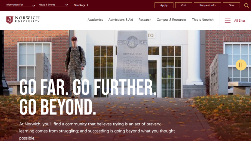 Norwich University homepage featuring a soldier and the slogan 'Go far. Go further. Go beyond.'