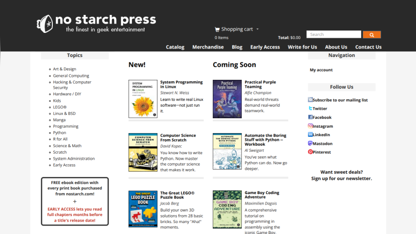 Homepage of No Starch Press featuring new and upcoming books.